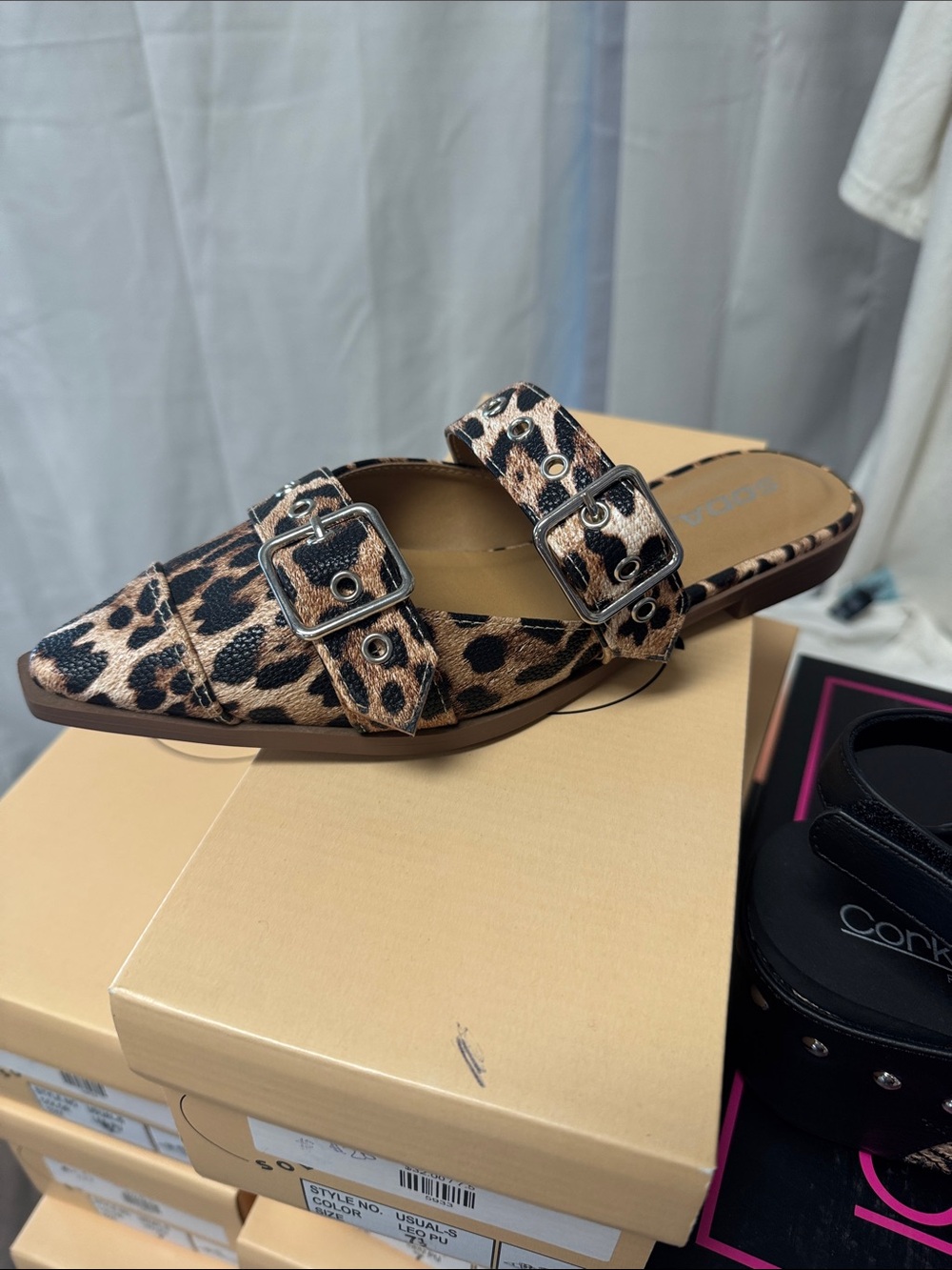 Leopard Print Pointed Toe Slide Mule with Buckles - Women's